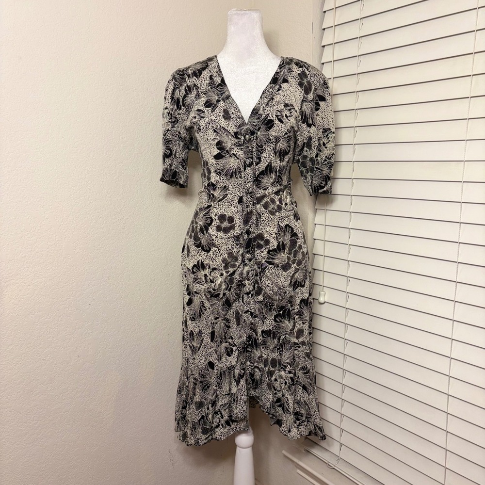 Vintage 80s Floral Artsy Pointilist Fitted Midi Dress Black White Size 7/8